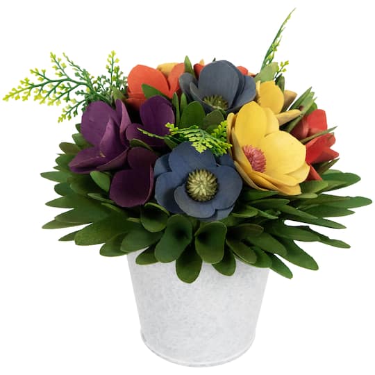 7.5" Wooden Artificial Spring Floral Arrangement with Flowers & Garden Pot